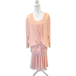 Martinique Peach Vintage Long Sleeve Midi Ruched Dress, Medium